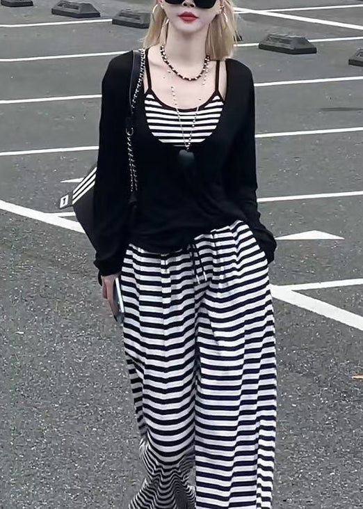 Striped Black Tops And Wide Leg Pants Cotton Three-Piece Set Fall