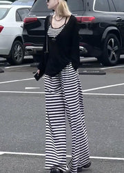 Striped Black Tops And Wide Leg Pants Cotton Three-Piece Set Fall