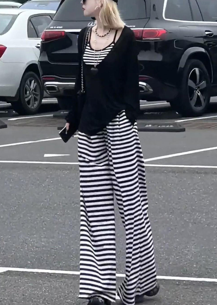 Striped Black Tops And Wide Leg Pants Cotton Three-Piece Set Fall
