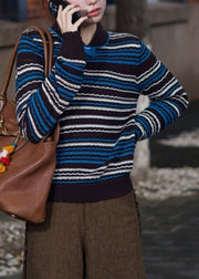 Striped Blue Bow Cozy Knit Sweaters Fall