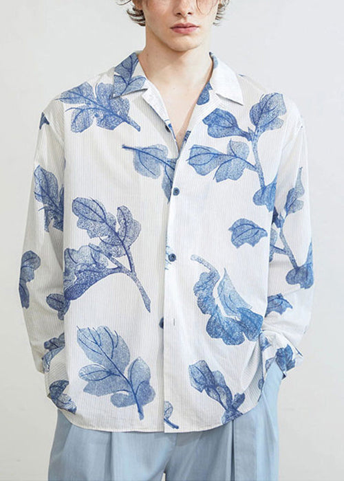 Striped Blue Button Print Cotton Mens Shirts Spring