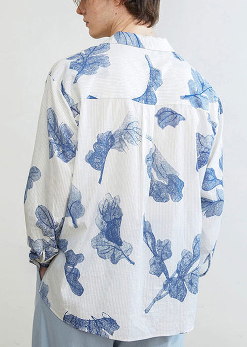 Striped Blue Button Print Cotton Mens Shirts Spring