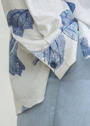 Striped Blue Button Print Cotton Mens Shirts Spring
