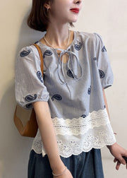 Striped Blue Embroidered Hollow Out Patchwork Cotton Blouse Summer