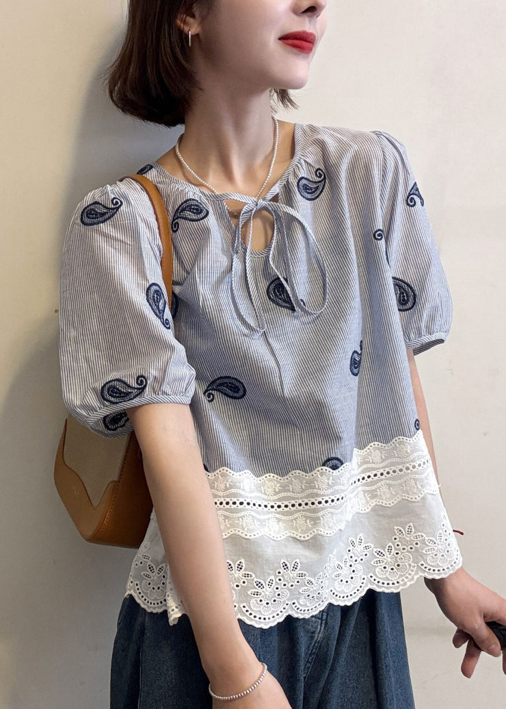 Striped Blue Embroidered Hollow Out Patchwork Cotton Blouse Summer