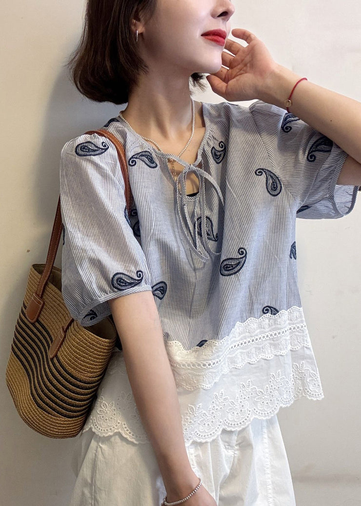 Striped Blue Embroidered Hollow Out Patchwork Cotton Blouse Summer