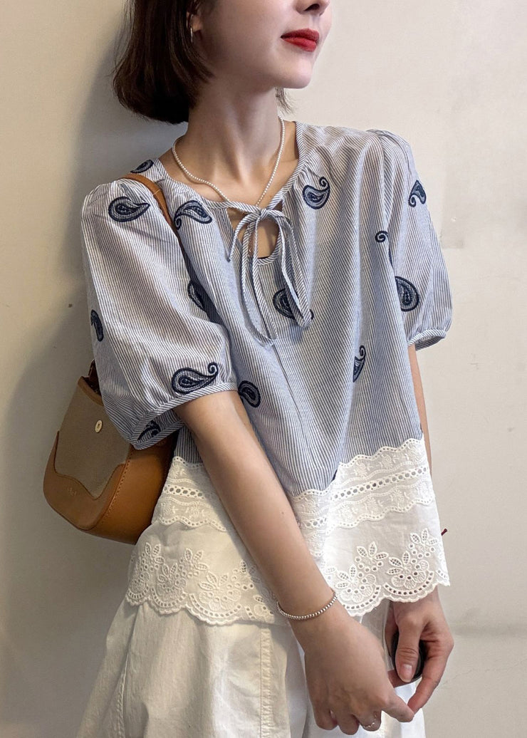 Striped Blue Embroidered Hollow Out Patchwork Cotton Blouse Summer
