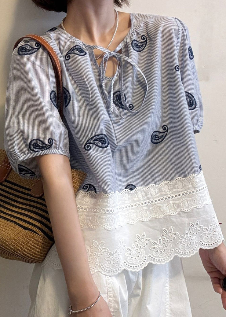 Striped Blue Embroidered Hollow Out Patchwork Cotton Blouse Summer