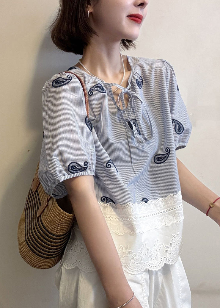 Striped Blue Embroidered Hollow Out Patchwork Cotton Blouse Summer