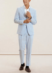 Striped Blue Notched Button High Waist Cotton Two Pieces Set Men Fall