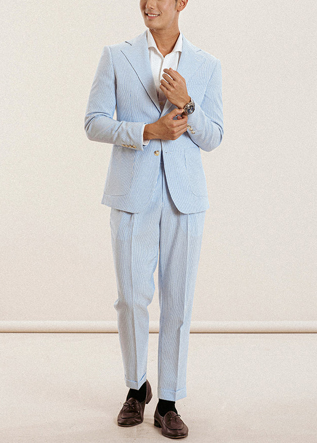 Striped Blue Notched Button High Waist Cotton Two Pieces Set Men Fall