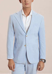 Striped Blue Notched Button High Waist Cotton Two Pieces Set Men Fall
