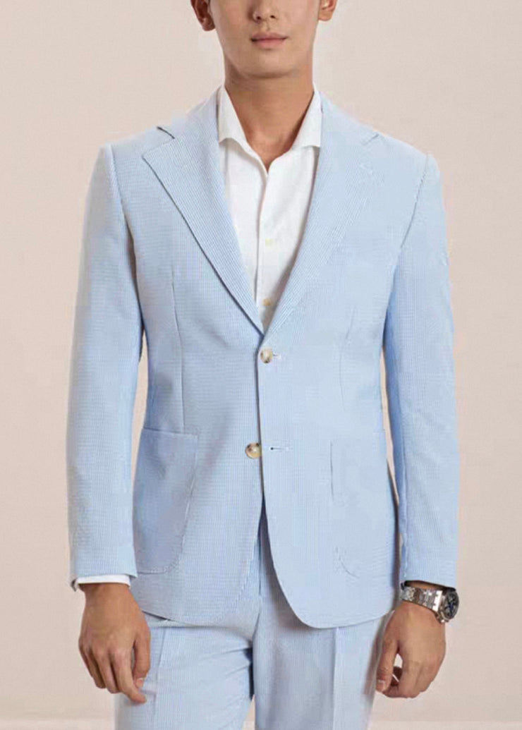 Striped Blue Notched Button High Waist Cotton Two Pieces Set Men Fall