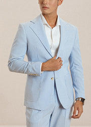 Striped Blue Notched Button High Waist Cotton Two Pieces Set Men Fall
