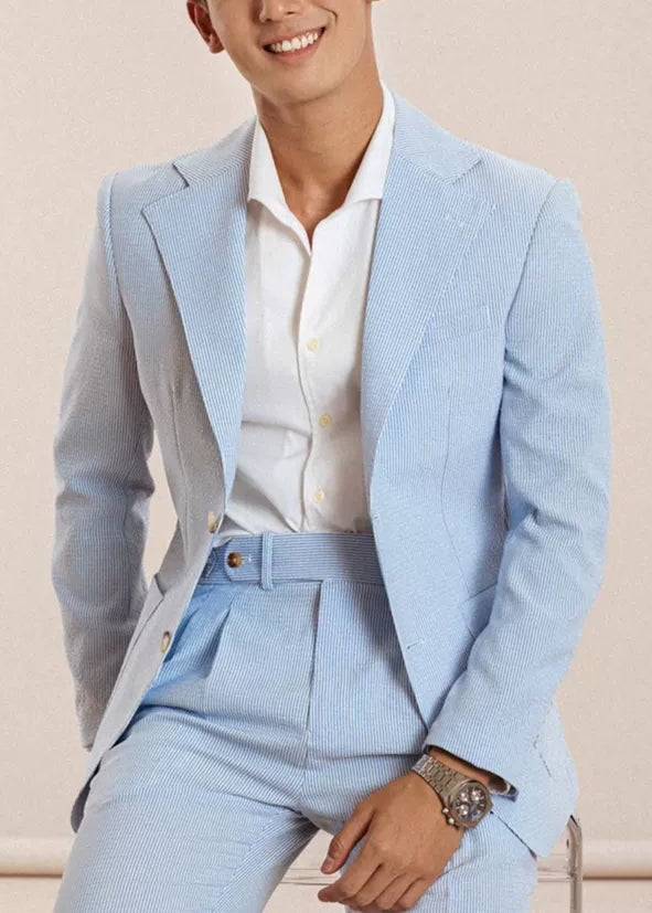 Striped Blue Notched Button High Waist Cotton Two Pieces Set Men Fall