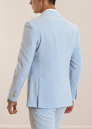 Striped Blue Notched Button High Waist Cotton Two Pieces Set Men Fall