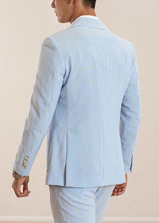 Striped Blue Notched Button High Waist Cotton Two Pieces Set Men Fall