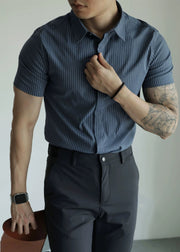 Striped Blue Peter Pan Collar Button Cotton Men Shirts Summer