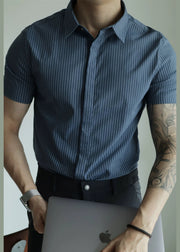 Striped Blue Peter Pan Collar Button Cotton Men Shirts Summer