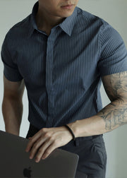 Striped Blue Peter Pan Collar Button Cotton Men Shirts Summer