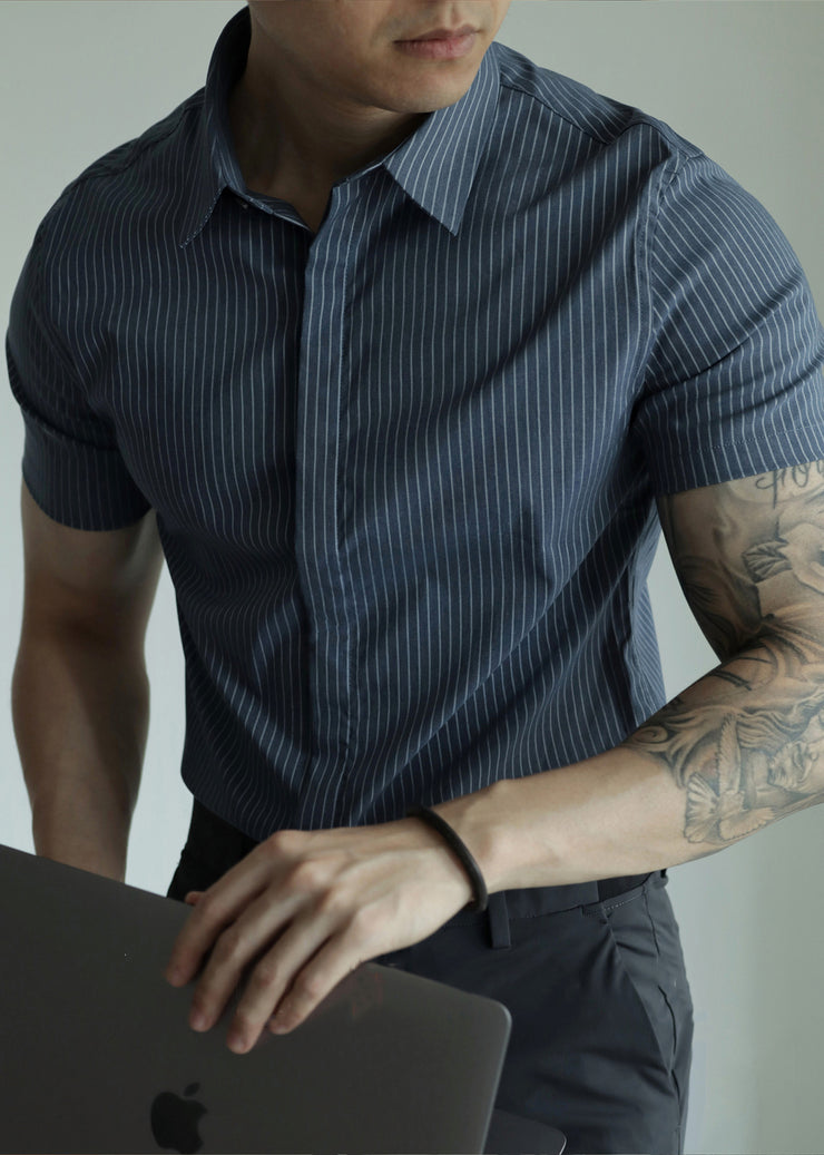 Striped Blue Peter Pan Collar Button Cotton Men Shirts Summer