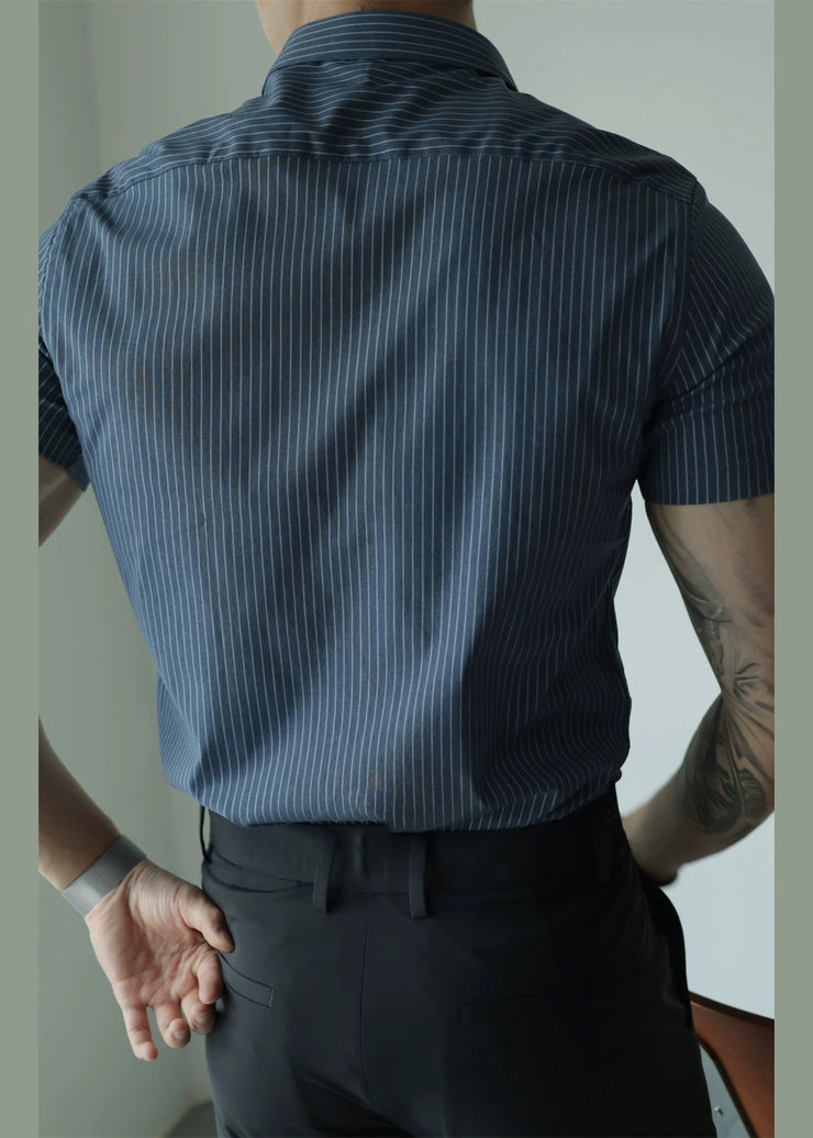 Striped Blue Peter Pan Collar Button Cotton Men Shirts Summer