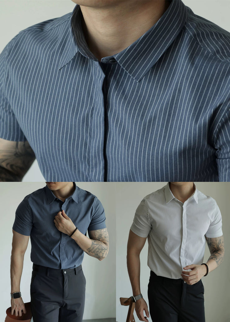 Striped Blue Peter Pan Collar Button Cotton Men Shirts Summer