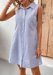Striped Blue Peter Pan Collar Button Cotton Shirts Dress Sleeveless