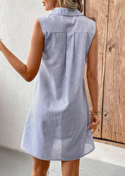Striped Blue Peter Pan Collar Button Cotton Shirts Dress Sleeveless