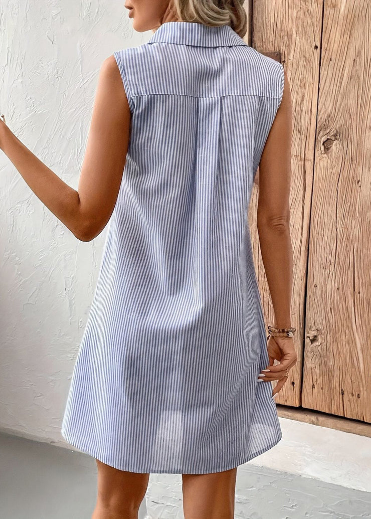 Striped Blue Peter Pan Collar Button Cotton Shirts Dress Sleeveless