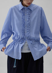 Striped Blue Peter Pan Collar Ruffled Cotton Shirt Fall
