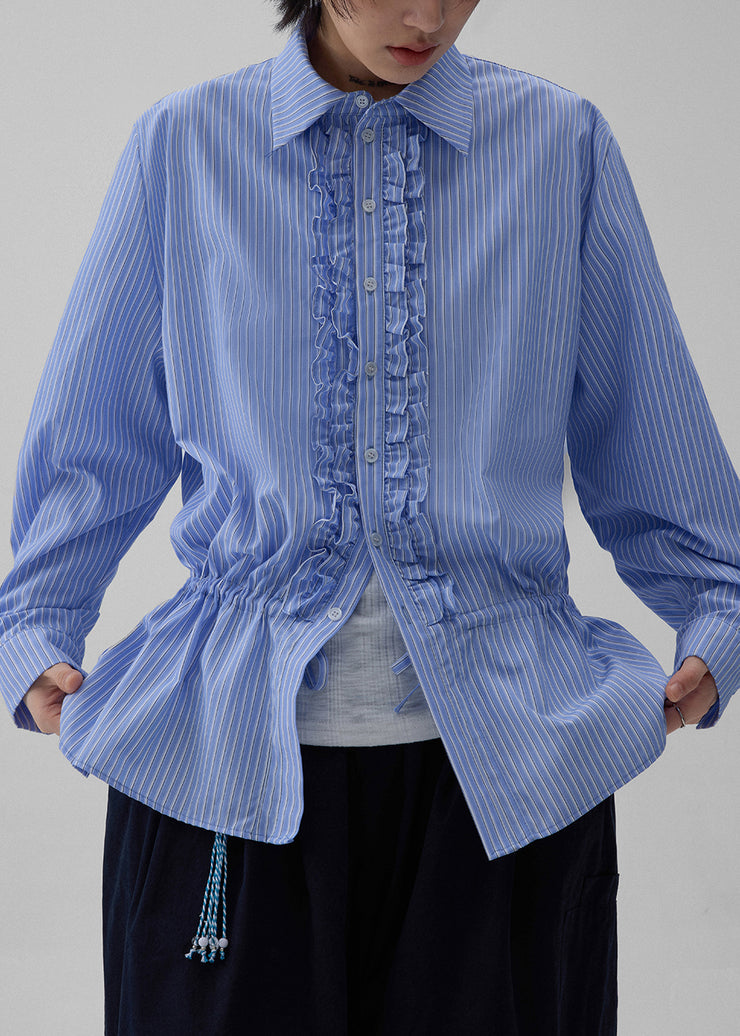 Striped Blue Peter Pan Collar Ruffled Cotton Shirt Fall