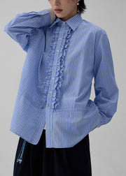 Striped Blue Peter Pan Collar Ruffled Cotton Shirt Fall