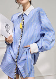 Striped Blue Peter Pan Collar Sequins Shirt And Shorts Cotton Two Pieces Set