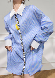 Striped Blue Peter Pan Collar Sequins Shirt And Shorts Cotton Two Pieces Set