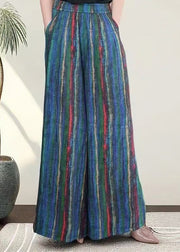 Striped Blue Pockets Elastic Waist Cotton Wide Leg Pants Fall