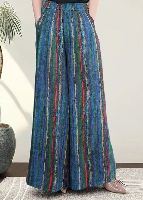 Striped Blue Pockets Elastic Waist Cotton Wide Leg Pants Fall