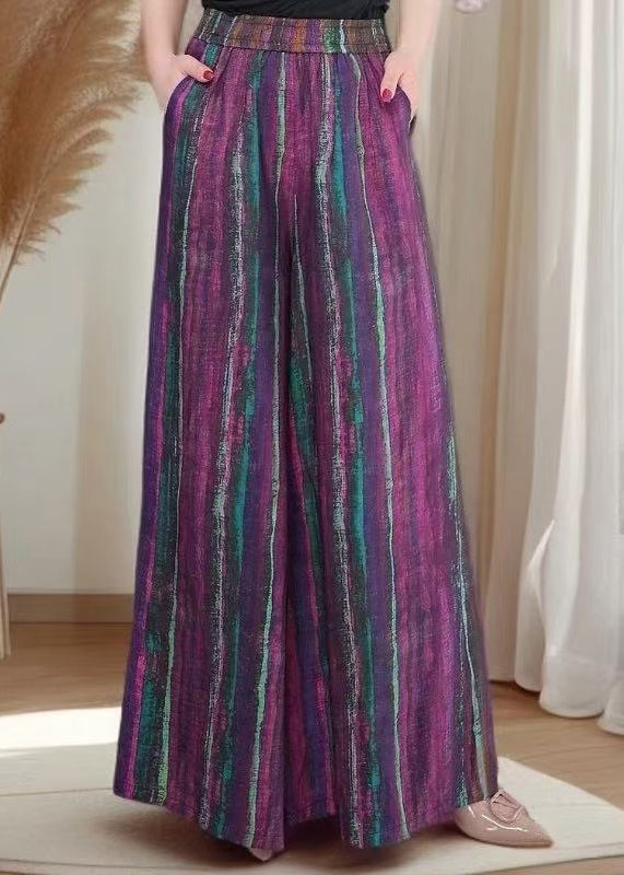 Striped Blue Pockets Elastic Waist Cotton Wide Leg Pants Fall