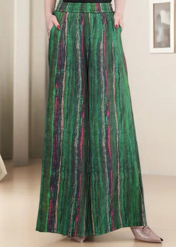 Striped Blue Pockets Elastic Waist Cotton Wide Leg Pants Fall