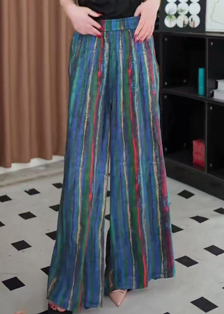 Striped Blue Pockets Elastic Waist Cotton Wide Leg Pants Fall