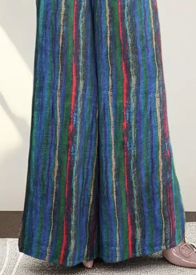 Striped Blue Pockets Elastic Waist Cotton Wide Leg Pants Fall