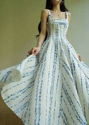 Striped Blue Square Collar High Waist Cotton Spaghetti Strap Dress Sleeveless