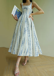 Striped Blue Square Collar High Waist Cotton Spaghetti Strap Dress Sleeveless