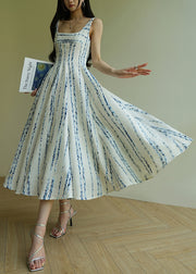 Striped Blue Square Collar High Waist Cotton Spaghetti Strap Dress Sleeveless