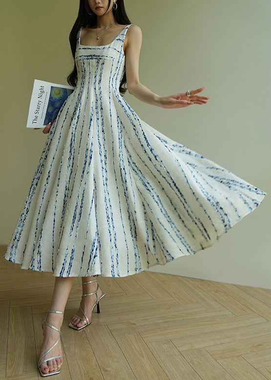 Striped Blue Square Collar High Waist Cotton Spaghetti Strap Dress Sleeveless