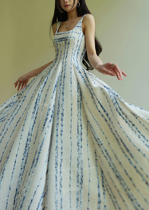 Striped Blue Square Collar High Waist Cotton Spaghetti Strap Dress Sleeveless