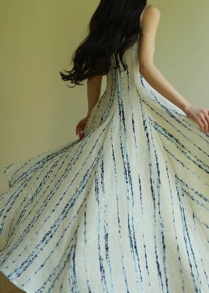 Striped Blue Square Collar High Waist Cotton Spaghetti Strap Dress Sleeveless
