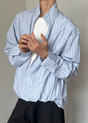 Striped Blue Stand Collar False Two Pieces Cotton Men Shirts Fall