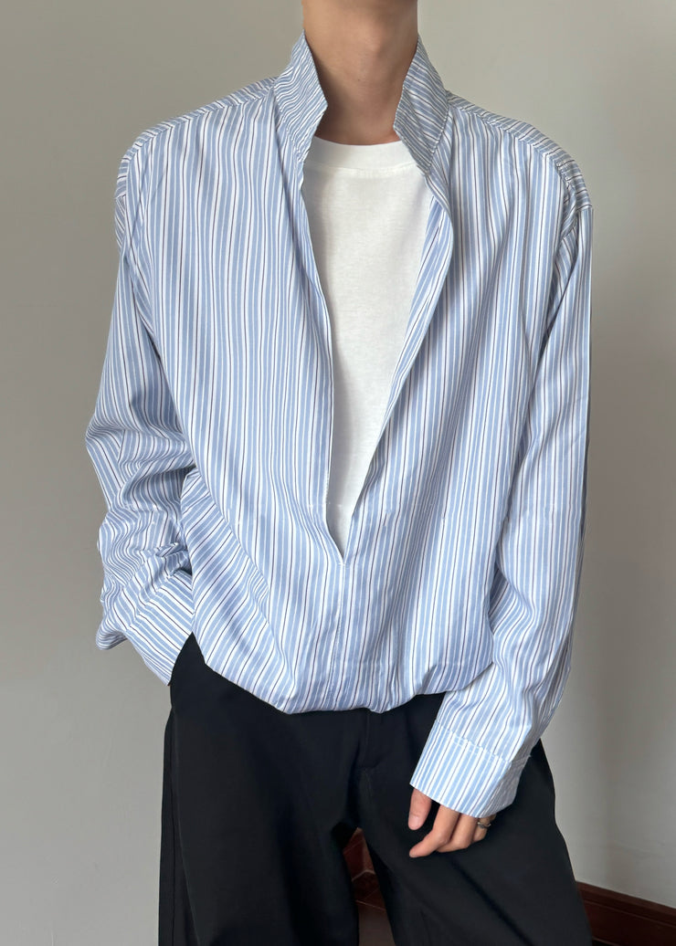 Striped Blue Stand Collar False Two Pieces Cotton Men Shirts Fall