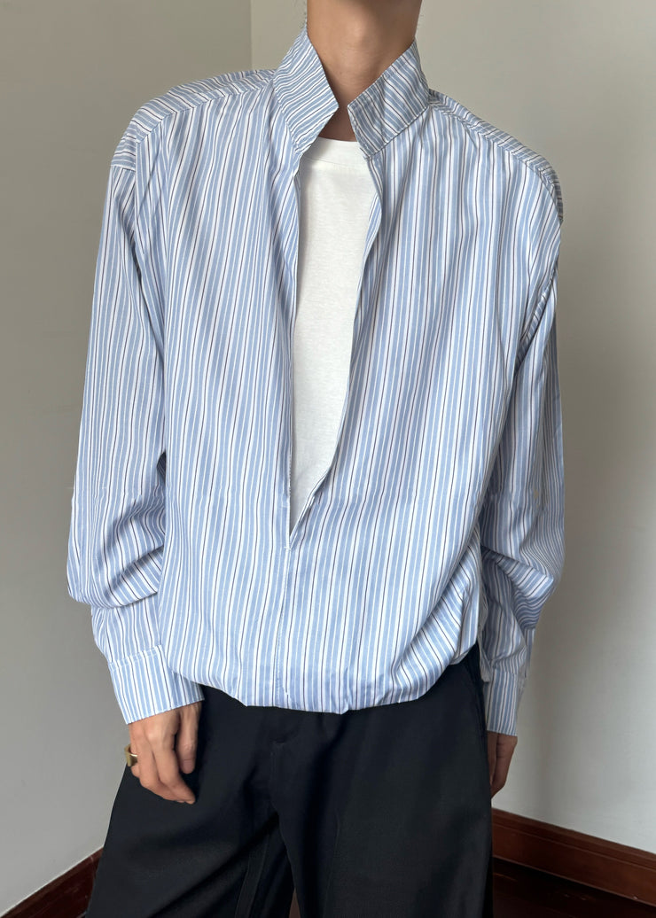 Striped Blue Stand Collar False Two Pieces Cotton Men Shirts Fall